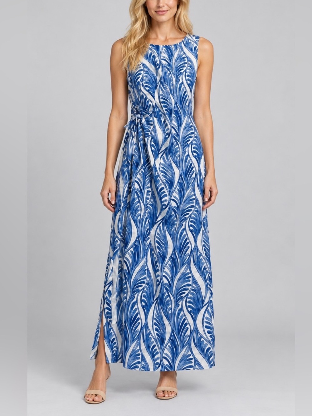 Magaschoni Blue White Leaf Print Linen Side Tie Midi Dress 10 34723